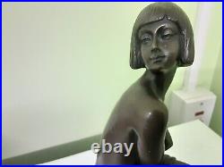 Bronze Statue Of Young Girl In Thought Sculpture Art Deco On Marble Base Statue