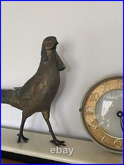 French Bronze Pheasant Sculpture & Clock on Black & Ivory Onyx Marble 1930s