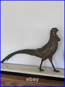 French Bronze Pheasant Sculpture & Clock on Black & Ivory Onyx Marble 1930s