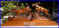 Large 1930s Art Deco Black Forest Carved Wood Leaping Gazelles Sculpture 66cms