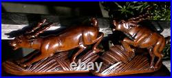 Large 1930s Art Deco Black Forest Carved Wood Leaping Gazelles Sculpture 66cms