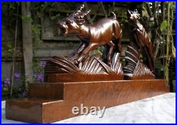 Large 1930s Art Deco Black Forest Carved Wood Leaping Gazelles Sculpture 66cms