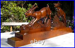 Large 1930s Art Deco Black Forest Carved Wood Leaping Gazelles Sculpture 66cms