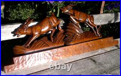 Large 1930s Art Deco Black Forest Carved Wood Leaping Gazelles Sculpture 66cms