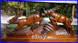 Large 1930s Art Deco Black Forest Carved Wood Leaping Gazelles Sculpture 66cms