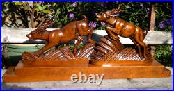 Large 1930s Art Deco Black Forest Carved Wood Leaping Gazelles Sculpture 66cms