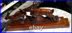 Large 1930s Art Deco Black Forest Carved Wood Leaping Gazelles Sculpture 66cms