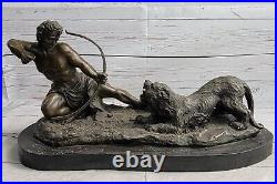 Large Size Bronze Statue Nude Warrior Man Fighting Lion Sculpture Art Deco SALE