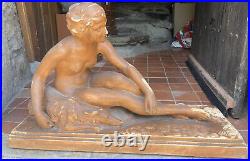 Large Statue Terracotta Art Deco Naked Female to the Greyhound 59,5 CM