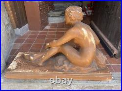 Large Statue Terracotta Art Deco Naked Female to the Greyhound 59,5 CM