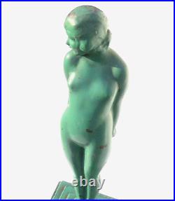 Lovely ART DECO Green Enamel Metal STANDING NUDE Statue Signed Statue 1931'EVE