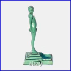 Lovely ART DECO Green Enamel Metal STANDING NUDE Statue Signed Statue 1931'EVE