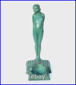 Lovely ART DECO Green Enamel Metal STANDING NUDE Statue Signed Statue 1931'EVE