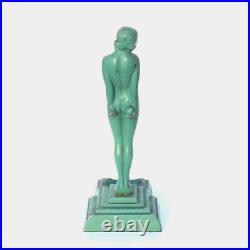 Lovely ART DECO Green Enamel Metal STANDING NUDE Statue Signed Statue 1931'EVE