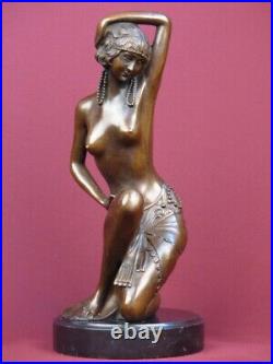 Signed Bronze Sculpture Art Deco Dancer Handcrafted Statue On Marble Base