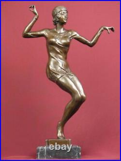 Signed Bronze Sculpture Art Deco Dancer Highly Detailed Statue On Marble Base