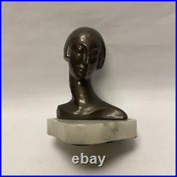 Small Vtg Art Deco Flapper Girl Woman Head Bust Painted Spelter Figure Statue