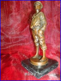 Statue Boy Art Deco Style Art Nouveau Style Bronze Signed Sculpture