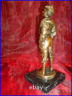 Statue Boy Art Deco Style Art Nouveau Style Bronze Signed Sculpture