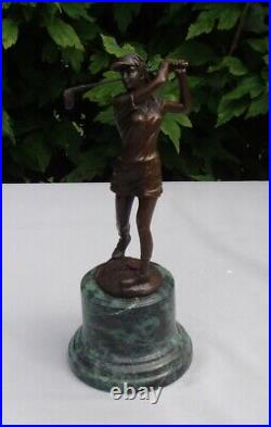 Statue Woman-golfer Art Deco Style Art Nouveau Style Bronze Signed Sculpture