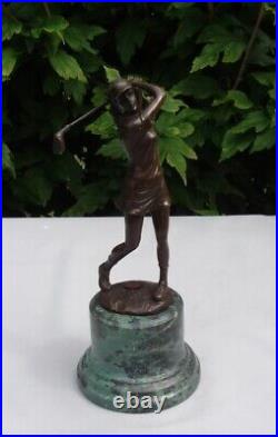 Statue Woman-golfer Art Deco Style Art Nouveau Style Bronze Signed Sculpture