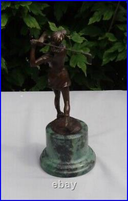 Statue Woman-golfer Art Deco Style Art Nouveau Style Bronze Signed Sculpture