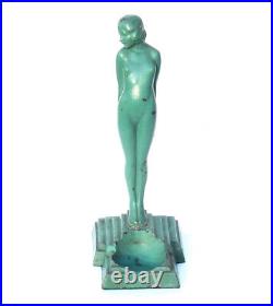 Stunning ART DECO Green Painted Metal STANDING NUDE Signed Statue Ashtray 1931