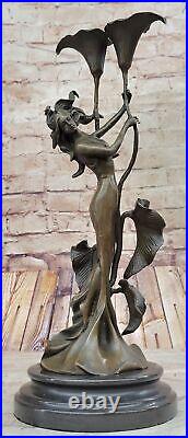 Tulip Young Girl Candlestick Statue Bronze Art deco Candleholder Sculpture