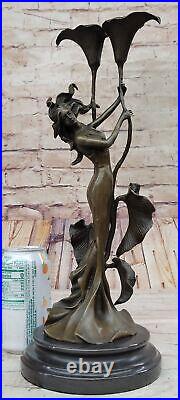 Tulip Young Girl Candlestick Statue Bronze Art deco Candleholder Sculpture