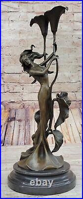 Tulip Young Girl Candlestick Statue Bronze Art deco Candleholder Sculpture