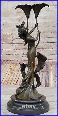 Tulip Young Girl Candlestick Statue Bronze Art deco Candleholder Sculpture