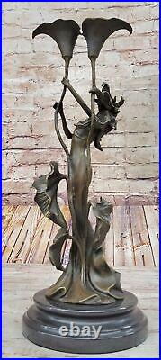 Tulip Young Girl Candlestick Statue Bronze Art deco Candleholder Sculpture