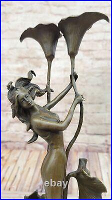 Tulip Young Girl Candlestick Statue Bronze Art deco Candleholder Sculpture