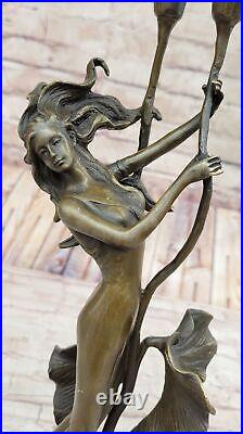 Tulip Young Girl Candlestick Statue Bronze Art deco Candleholder Sculpture