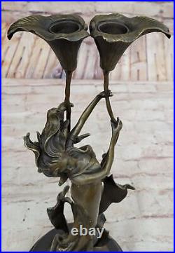 Tulip Young Girl Candlestick Statue Bronze Art deco Candleholder Sculpture