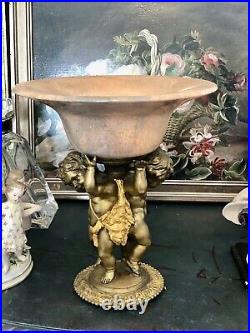 Vintage Antique Pedestal Bronze Cherub Marble Fruit Vase Figurine 24K Gold