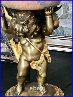 Vintage Antique Pedestal Bronze Cherub Marble Fruit Vase Figurine 24K Gold