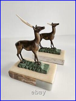 Vintage Art Deco Bronze Deer Sculptures on Marble / Onyx Base