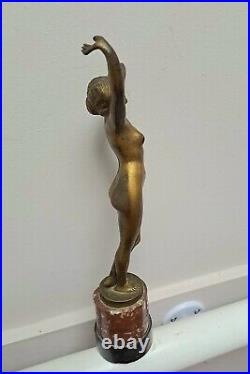 Vintage Art Deco Bronze Nude Statue Sculpture On Marble Base 1960's