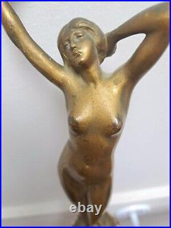 Vintage Art Deco Bronze Nude Statue Sculpture On Marble Base 1960's