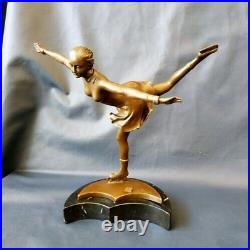Vintage Skater Bronze Sculpture Woman Statue Marble Base Decor Art Rare Old 20th