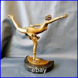 Vintage Skater Bronze Sculpture Woman Statue Marble Base Decor Art Rare Old 20th