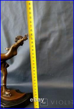 Vintage Skater Bronze Sculpture Woman Statue Marble Base Decor Art Rare Old 20th