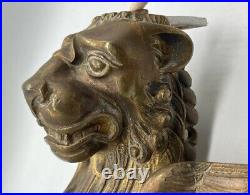 Winged Lion Down Lighter Venetian Deco Bronze Sculptures Statue RARE Antique